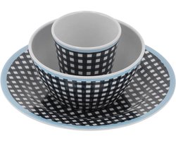 Allecto Plus - Serviesset met donkerblauw rasterpatroon en bestek - Ideaal voor dagelijks gebruik - Compleet servies met slaborden en kommenset