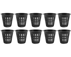 Allecto Plus - Set van 10 Kunststof Hydrocultuur Mandjes met Geperforeerde Mesh Bekers - Ronde Tuin Netpotten voor Balkon Hydrocultuur - Zwarte Plantenbakken - Voor Thuis- en Balkonplanten - Geschikt voor Kamerplanten