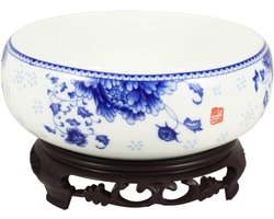 Allecto plus - Set van 2 blauw en wit porseleinen bloempotten voor diepe planten - Vaas waterlelie aquatische planter - Levende vetplanten narcissen - Ronde pot - Decoratieve plantenbak - 75 characters