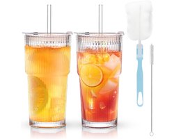 Allecto Plus - Set van 2 geribbelde glazen bekers met deksel en rietje 600 ml - Groot formaat bubble tea-beker - Smoothie bekers voor sappen - Drinkglazen voor outdoor gebruik - Koffiebeker voor ijskoffie - Ideaal voor sap, smoothie en water