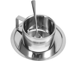 Allecto plus - Set van 2 Roestvrijstalen Koffiebekers met Schotels en Lepels - Dubbelwandige Thermo Mokken - Isolerende Koffietassen voor Latte Cappuccino - Thermotassenset - Luxe Design.