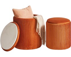 Allecto Plus - Set van 2 ronde Ottomaanse met opslag voor make-up in oranje - Moderne salontafel voor woonkamer en slaapkamer met gewatteerde zitting - Multifunctionele voetensteun kreuk