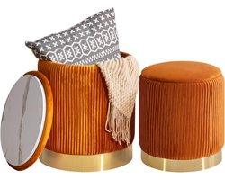 Allecto Plus - Set van 2 ronde Ottomaanse stoelen met opslag en metalen ringvulling in fluwelen bekleding - Moderne gevoerde salontafel - Oranje - WBD016J
