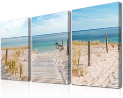 Allecto plus - Set van 3 Ingelijste Strandmuur Kunst Posters voor Badkamer en Slaapkamer Decor - Blauwe Lucht en Zee Prints - Kustmuur Decoratie - Formaat 12x16 inch.