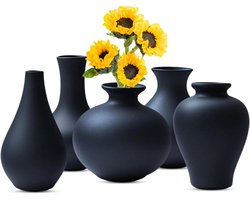 Allecto Plus: Set van 5 zwarte keramische vazen voor moderne woondecoratie - decoratieve matte vazen voor pampasgras en bloemen - woonkamer en tafel decoratie - esthetisch design voor je interieur - vazendecoratie voor ingang en meer