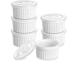 Allecto plus - Set van 6 witte porseleinen 8 oz Ramekins met hoezen voor soufflé gerechten - 10,1 cm - Geschikt voor pudding, fruit, dips - Vaatwasser- en ovenbestendig