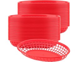 Allecto Plus - Set van 60 stuks kunststof Fast Food manden - 24 x 15,5 x 4,7 cm - Ovale manden van plastic in de kleur rood - Serveermanden voor serveren van eten