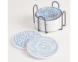 Allecto plus - Set van 8 keramische drink-onderzetters met metalen houder - Absorberend - Salontafel bescherming - Housewarming cadeau - Stijlvol design
