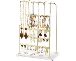 Allecto Plus - Sieraden Organizer Stand 5 laags Sieradenhouder Ketting Houder Opbergrek T-stang Armband Houder Oorbellen Display Rek Metaal Sieradenboom Toren met Resin Ring Tray Marmer Wit + Goud