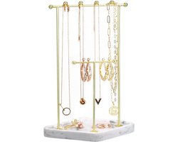 Allecto Plus - Sieradenhouder 2-laags met Resin Dienblad, Gouden Metalen Rek voor Kettingen Armbanden Ringen Oorbellen Opbergdisplay, Juwelenboom in Marmer Wit.