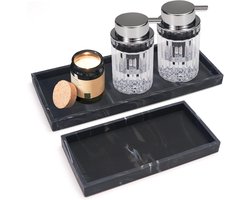 Allecto plus - Siliconen Ijdelheid Trays Set van 2 - Badkamer - Marmeren Stijl - Toilet Tank Lade - Zeepdispenser Lade - Organisator - Parfum - Zwart - 11,8 inch en 7,8 inch