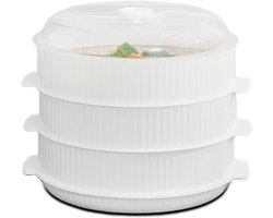 Allecto Plus - Stoomkoker 8 liter met 3 lagen voor magnetron - Inclusief zeefinzet en deksel - Geschikt voor dumplings, groenten en vlees - Voor gezonde maaltijden - Stoompan voor magnetron - Ideaal voor snelle gerechten - Kunststof - 235 x 19 cm