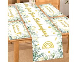 Allecto Plus - Tafeldecoratie voor eerste schooldag - Stoffen tafeldecoratie set in groen en goud - Tafelkleed en tafelloper - Decoratie met eucalyptusbladeren - Schoolkind 2024 - Feestelijke tafelset