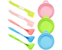 Allecto Plus - Universele siliconen blikdeksels voor huisdieren - set van 8 - met lepel en spatels - voedselopslag blikhoezen - geschikt voor standaardmaten - katten/hondenvoer.