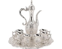 Allecto Plus - Vintage Turkse Koffiepot Set met 6 Koffiekopjes en Theeblaadjes - Retro Koffie Thee Servies Set Europese Stijl in Zilver Wit - Voor Thuisfeest Bruiloft