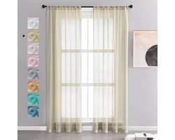 Allecto plus - Voile gordijnen halftransparant kort linnenlook beige crème 225 x 140 cm woonkamer slaapkamer kinderkamer - set van 2.