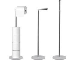 Allecto plus - Vrijstaande toiletrolhouder met marmeren voet en extra toiletpapierstandaard - Roestvrij staal - Badkamer accessoire - Zwaar belastbaar - Geborsteld zilver. Inklapbaar. Opvouwbaar. Plaats voor extra WC-papier.