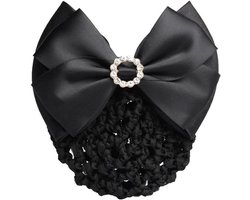 Allecto Plus - Vrouwen Haaraccessoires Snood Net Barrette met Strass en Satijnen Strik - Zwart - Ideaal voor Stewardess Banken Hotels Restaurant Personeel - Stijlvolle Franse Haar Clips met Lint Bloem - Haarnetje en Bun Cover inbegrepen.