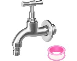 Allecto Plus - Wandgemonteerde RVS Kraan - Aftapkraan 1/2 inch met 3/4 inch adapter - Koudwaterkraan - Tuinkraan - Uitloopventiel met Wanddecoratie - 304 Roestvrij Staal