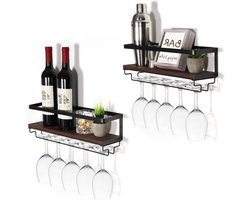 Allecto Plus - Wandgemonteerde wijnrek met glashouder en wijnglasplanken - Vintage flessenrek - Zwevende planken - Wandmontage voor eetkamer, thuis, bar