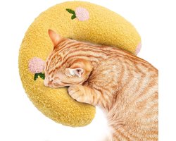 Allecto Plus - Zacht pluizig kussen voor katten met kattenkruid | Huisdier rustgevend speelgoed | Pluche U-vormig kussen | Geel | Kattenkruid kussen voor spelen, slapen en rusten