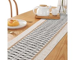 Allecto Premium - Handgeweven Macrame Tafelloper in Crème Beige voor Boho Keuken- en Eettafeldecoratie met Kwastjes van Katoen en Jute