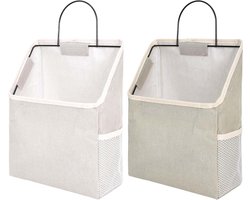 Allecto Premium - Hangtas Wandopbergtas Grijs en Wit Linnen - Set van 2 - Hangend Wandmandje met Haak voor Entree Garderobe Kast Badkamer - Stoffen Wandopberger met Metalen Frame