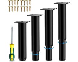 Allecto Premium - In hoogte verstelbare meubelpoten van zwart metaal - Set van 4 stalen bedpoten voor bank, bed, nachtkastje, kast - Hoogte instelbaar tot 33 cm - Inclusief schroeven en schroevendraaier