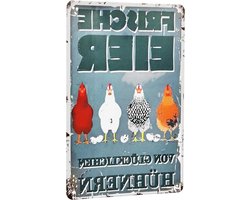 Allecto Premium - Metalen bord boerderij decor - Verse eieren en gelukkige kippen - Retro platen voor buiten - Boerderij tuin cadeau bij Bol.com