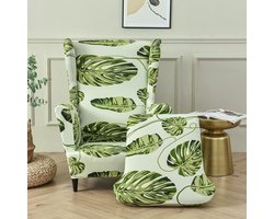 Allecto Premium - Rekbare hoes voor oorfauteuil - Set van 2 - Groene bladeren - Voor woonkamer en slaapkamer - Antislip - T-kussensloop