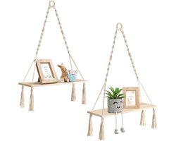 Allecto Premium - Set van 2 houten hangrekken met macramé voor binnen en buiten - Boho stijl - Decoratief wandrek voor woonkamer, balkon en badkamer - Drijvend touw - Trendy home decor - Handgemaakt design