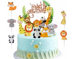 Allecto Premium - Taartdecoratie bosdieren met Happy Birthday thema voor verjaardagstaarten – jungle decoratie voor baby jongens met vos, giraf, olifant, panda en leeuw - 5 figuren