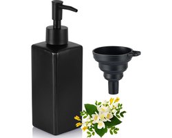 Allecto Premium - Zwarte Glazen Zeepdispenser 350ML - Vierkante Set met Dienblad - Waterdichte Etiketten - Voor Keuken en Badkamer - Hand Zeepdispenser