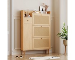 Allecto - Schoenenkast - Vouwdeuren - Lade - Rotan - Naturel - Opbergmeubel - Smalle kast - Geschikt voor hal - Naturel model - Smalle schoenenkast met vouwdeuren, lade en rotan, naturel - Halmeubel 1503