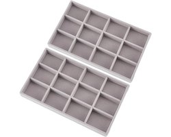 Allecto - Sieraden Organizer - Stapelbaar - 2 Stuks - Fluwelen - Verwijderbare Divider - 12 Roosters - Grijze Ketting Opslag Container Box - Dressoir Lade Case - Voor Oorbel Ring.