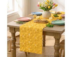 Allecto - Tafelloper - Geel - Madeliefje - Eettafel - Decoratie - Geschikt voor lente en zomer - Zacht pluche - Imitatiebont - Thuisfeestdecor - 33x153 cm
