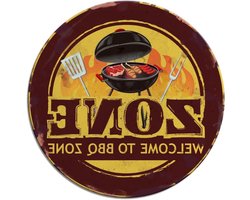 Allecto- Vintage metalen poster - Tinnen bord - Retro decor - Welkom bij BBQ ZONE - Restaurants - Retro rond bord - Buffet Cafe Pubs - Club Hotel - Camping - Winkels - Wall Art - 27 x 27 cm.