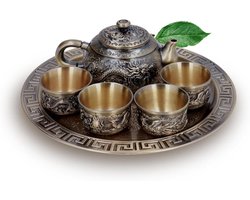 Allecto- Vintage Theepot - Luxe Theeset - Marokkaanse stijl - Dragon Totem - Kopjes Plaat - Prachtige Metalen Ketel - Mok Set - Thee liefhebbers - Tafel Decoratie