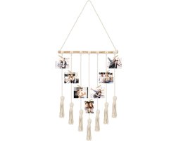 Allecto - Wanddecoratie Macramé Fotowand - Fotolijst voor 25 Foto’s - 40 x 92 cm - Houten Pinnen - Toon Foto’s en Collages - Decoratie voor Thuis