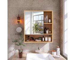 Allecto - Wandmedicijnkastje - Natuurlijk Bamboe - Badkamer Opbergkast met Spiegel - Opbergmeubel - Geschikt voor Badkamer - Afneembare planken - Duurzaam Ontwerp met Spiegel - Moderne Inrichting - Bruin - Compact Formaat