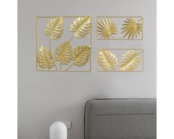 Allecto- Wandsculptuur metalen hangende ornament voor thuis woonkamer decoratie - Decoratief - Zwart - Modern design - Monstera, rechthoekig.