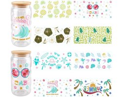 Allecto- Zomer Glazen Cups Wraps - UV DTF Cup Wrap - Bulk - Transparante Plastic - Waterdichte Decals Stickers - Zee Oceaan Strand - Citroen Bloem Blad - Geschikt voor Tumblers - Groene - 8 stuks 8 stijlen Hout Decor.
