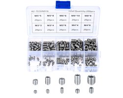 Allen Schroefset van 304 Roestvrij Staal – 200 Stuks Grub Schroeven in 10 Maten met Zeskantige Kop, Compacte Opbergdoos, Voor Precisie-Instrumenten, Elektronica, Meubilair en Doe-Het-Zelf