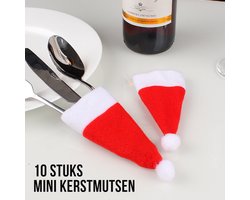 Allernieuwste® 10 stuks Kerstmuts Bestekhouders Kerstdiner Tafeldecoratie Kerst - Mini Kerstmutsen - 10x Bestekhouder voor Kerstdagen - Wijnfles Decoratie- 12 x 6 cm Rood Wit