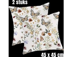 Allernieuwste.nl® 2 Stuks Kussens Bloemen & Vlinders - 2x Sier Kussenhoes Polyester - Kussenovertrek Natuur - Kleur Wit Multicolor - 45 x 45 cm - SET 2 Stuks %%