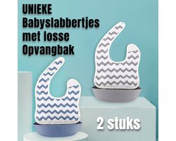 Allernieuwste.nl® 2 STUKS UNIEKE Gestreepte Babyslabbertjes met LOSSE Opvangschaal, Vuilafstotend en Vlek- en Waterafstotend - Oprolbaar Kinder Slabbertje - 2 STUKS Grijs en Blauw Gestreept