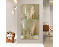 Allernieuwste.nl® Canvas Schilderij Creme Beige Zen Boeddha - Boedha Modern - Poster - 40 x 80 cm - Kleur