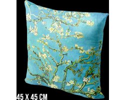 Allernieuwste.nl® Kussen Amandelbloesem Vincent Van Gogh - Kussenhoes polyester peach skin Perzikhuid - Kussenovertrek - Kleur Blauw 45 x 45 cm