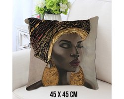 Allernieuwste.nl® Kussen Gouden Afrikaanse Vrouw - Kussenhoes polyester peach skin Perzikhuid - Kussenovertrek - Kleur Zwart Goud 45 x 45 cm