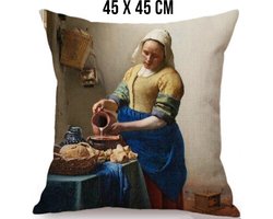 Allernieuwste.nl® Kussen Het Melkmeisje Johannes Vermeer - Kussenhoes Polyester Peach Skin Perzikhuid - Kussenovertrek - Kleur 45 x 45 cm